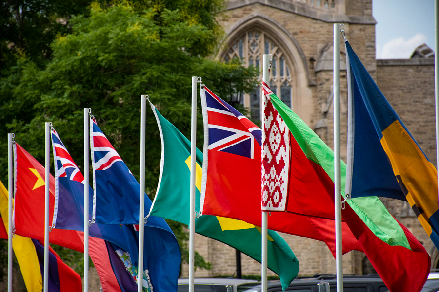 Photo of international flags on Ridley Collge grounds