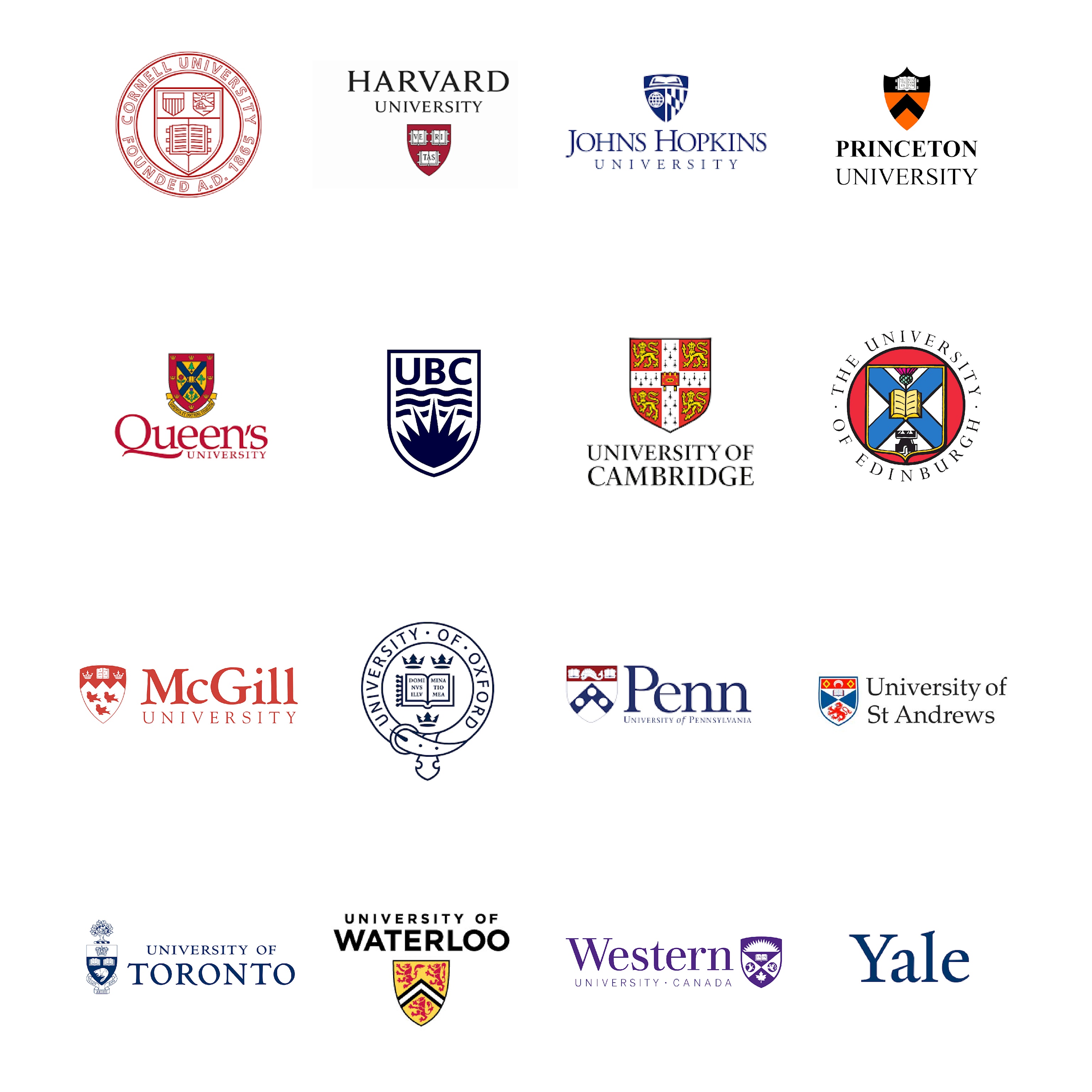 Grid o University logos inclding: Cornwell Univesity, Harvard, Johns Hopkins, Princeton, Queens, UBC, Cambridge, Edinburgh, McGill, Oxford, Penn, St Andrews, Toronto, Waterloo, Western and Yale Universitt 